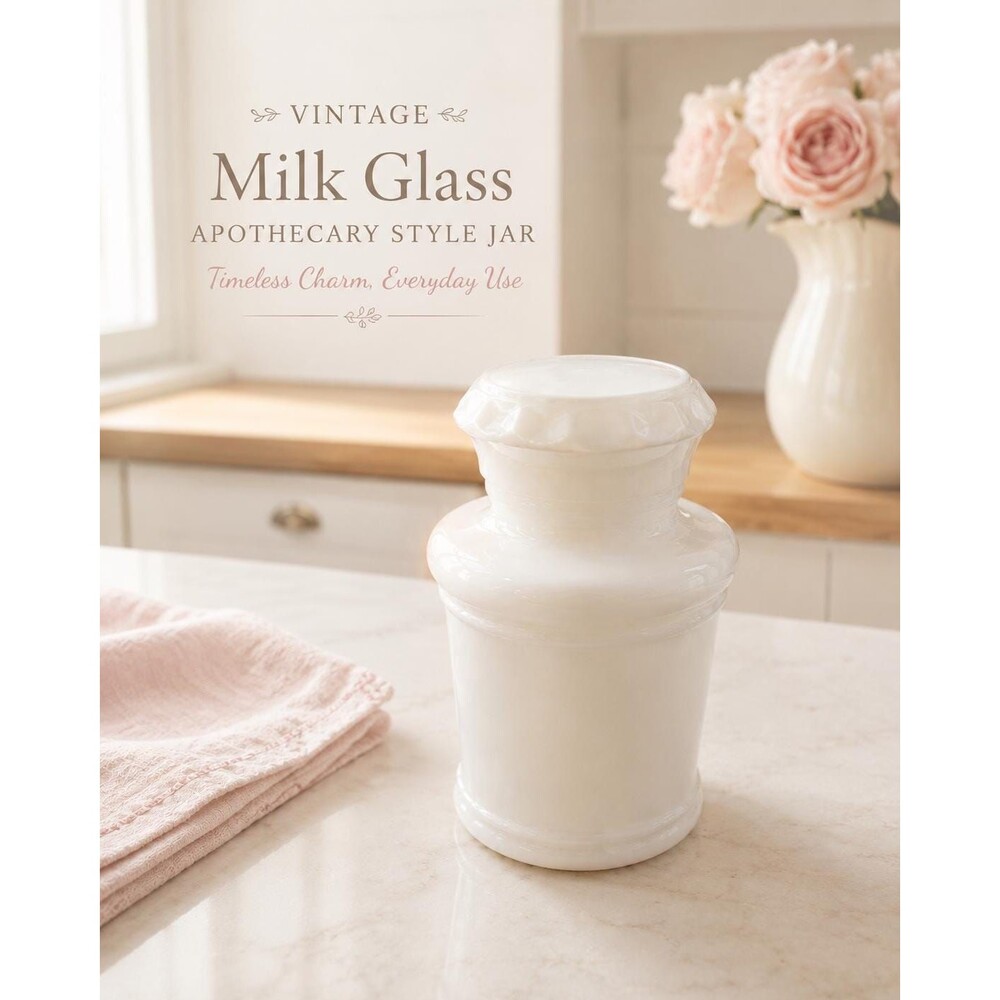 Vintage Milk Glass Apothecary Bottle | 5” Antique Medicine Jar with Threaded Cap